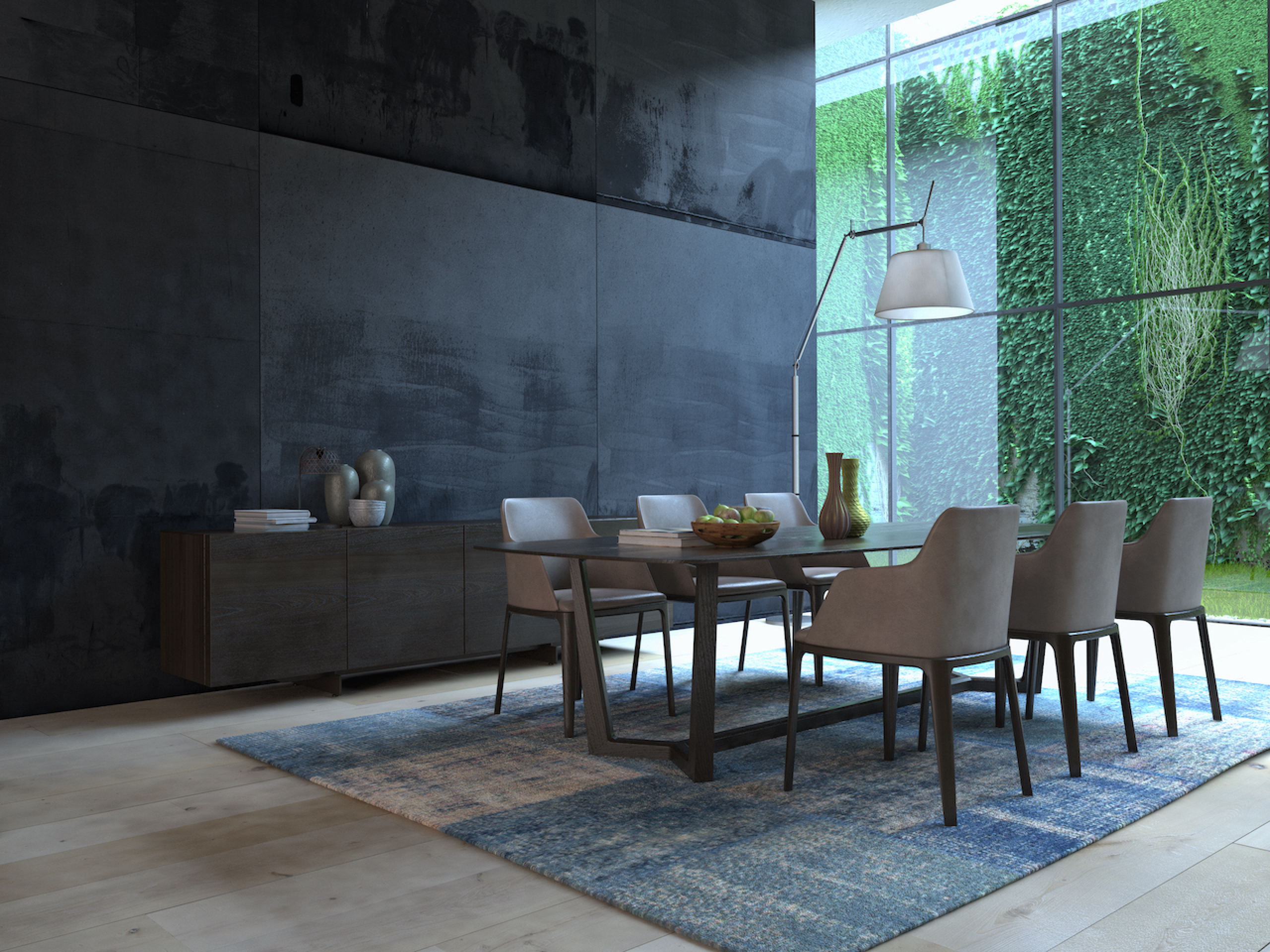 Comedor con vista completa al jardin y lampara de centro diseñado por portarossa